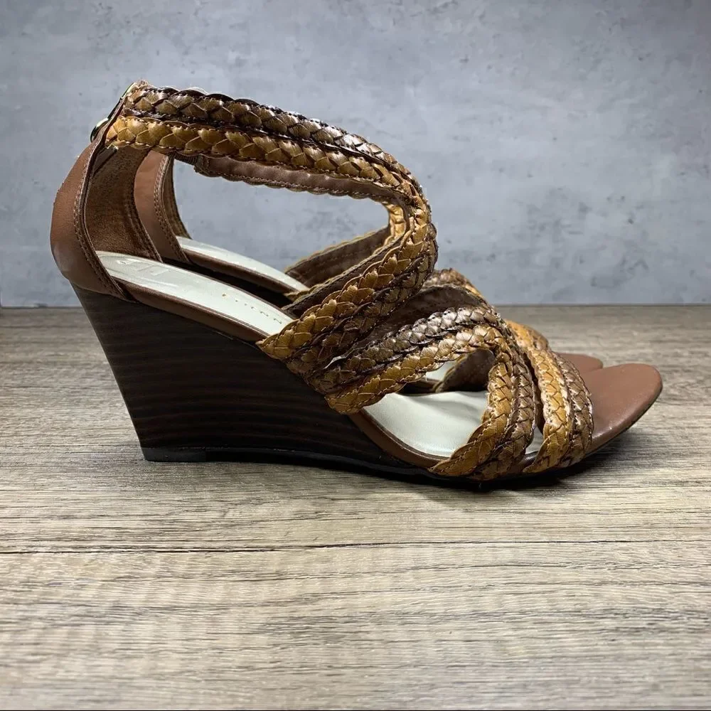 ‎ETIENNE AIGNER E-Peanut Wedge Zip Up Strappy Sandals Shoes Brown Women's 7.5M